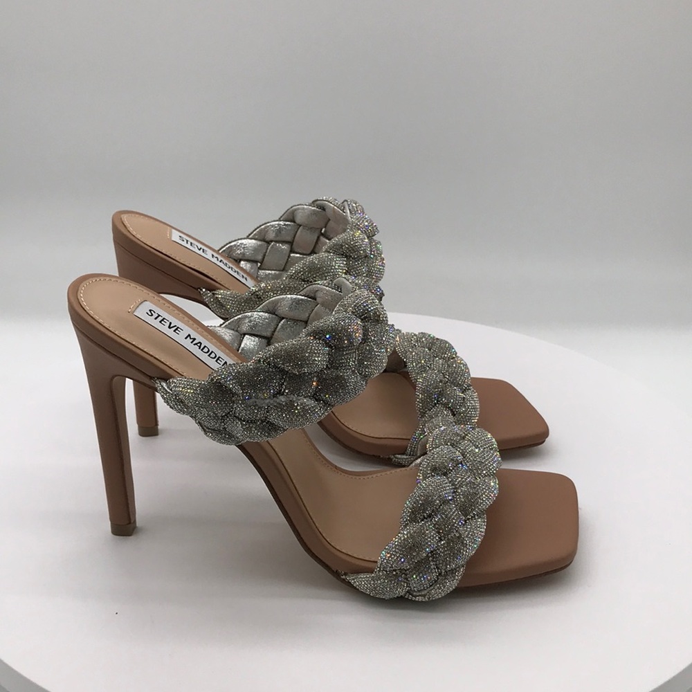 Steve Madden  womens Silver Braided Crystal High Heel Sandals size 10 US